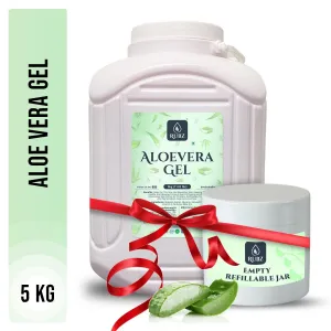 Rubz 100% Pure Natural Aloe Vera Gel 5Kg With 200 gm Refillable Jar | Transperant Gel for Skin, Face, Acne Scars, Hair Care, Body Moisturizer & Dark Circles | For Spa, Salon, Family
