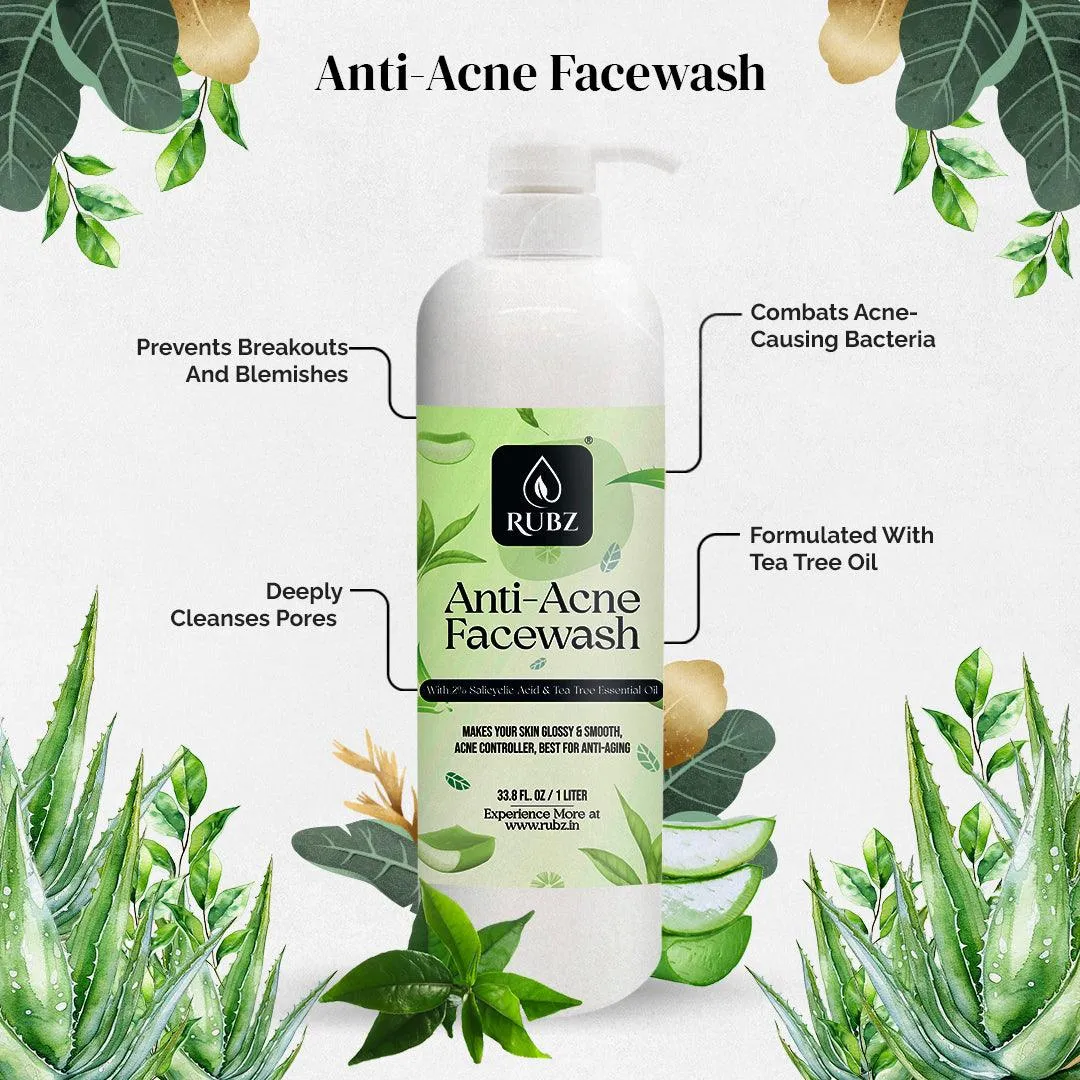 Rubz Anti acne Face Wash for Oil Control | Enriched with Tea Tree Oil | Lighten Blemishes | Paraben and Sulphates Free | Best Face Wash for Oily Skin | 1 Litre