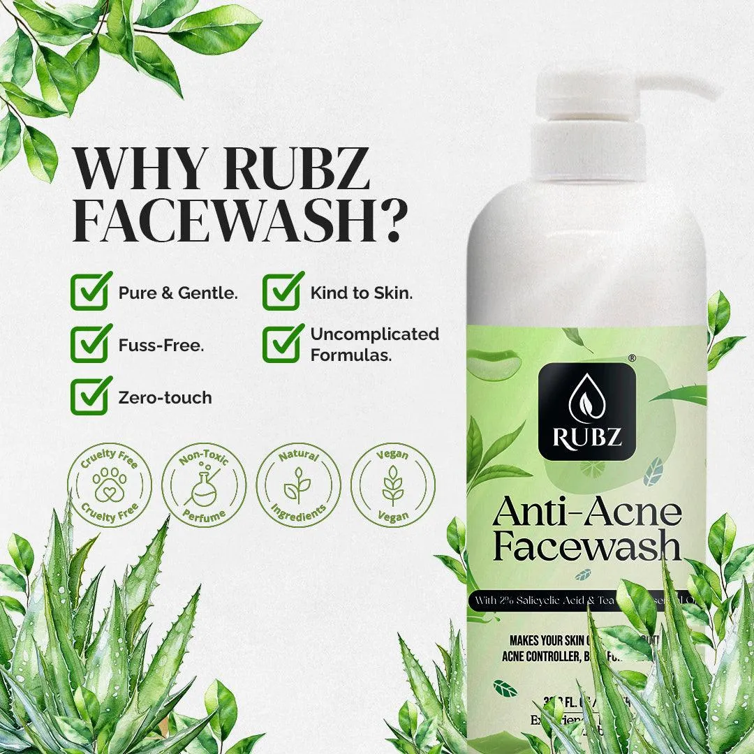 Rubz Anti acne Face Wash for Oil Control | Enriched with Tea Tree Oil | Lighten Blemishes | Paraben and Sulphates Free | Best Face Wash for Oily Skin | 1 Litre