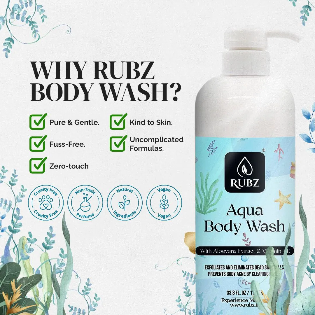 Rubz Aqua Body wash | Enriched With Glycerin & Long Lasting Fragrance | Soap-Free Body Wash For Women And Men | Paraben Free | SLS Free | 1 Litre