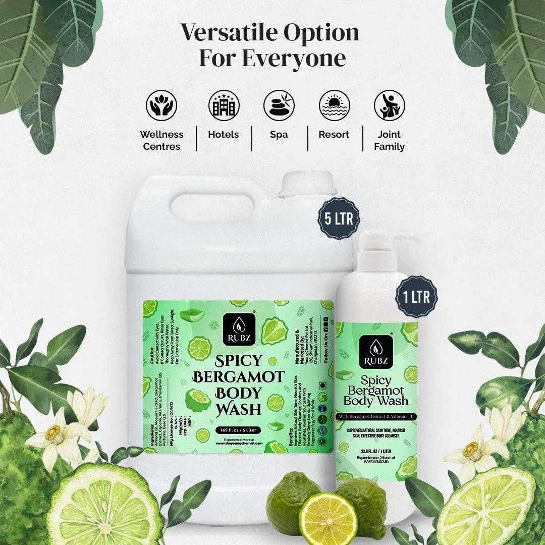 Rubz Spicy Bergamot Body Wash Refill Pack 5L | Liquid Soap | Shower Gel | with Refillable 500 ml Plastic Bottle | Best for Hotel, Spa, Salon, Joint Family | SLS Free | Paraben Free