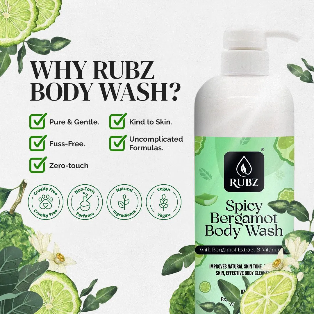 Rubz Spicy Bergamot Body Wash Refill Pack 5L | Liquid Soap | Shower Gel | with Refillable 500 ml Plastic Bottle | Best for Hotel, Spa, Salon, Joint Family | SLS Free | Paraben Free