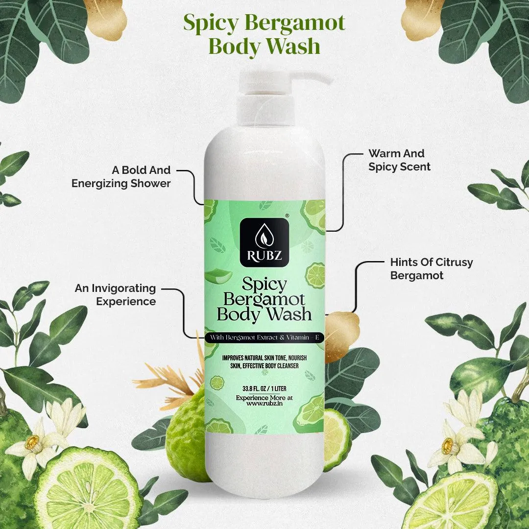 Rubz Spicy Bergamot Body Wash Refill Pack 5L | Liquid Soap | Shower Gel | with Refillable 500 ml Plastic Bottle | Best for Hotel, Spa, Salon, Joint Family | SLS Free | Paraben Free