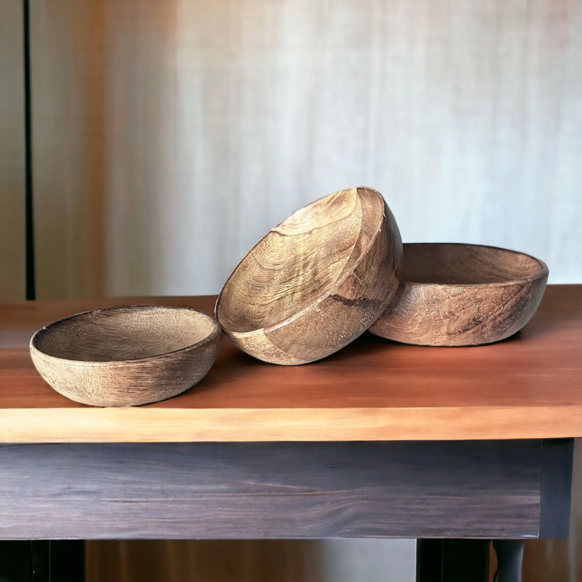 Set of 3 100% Mango Wood Round Brown Decorative Bowls