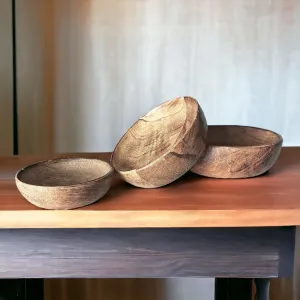 Set of 3 100% Mango Wood Round Brown Decorative Bowls