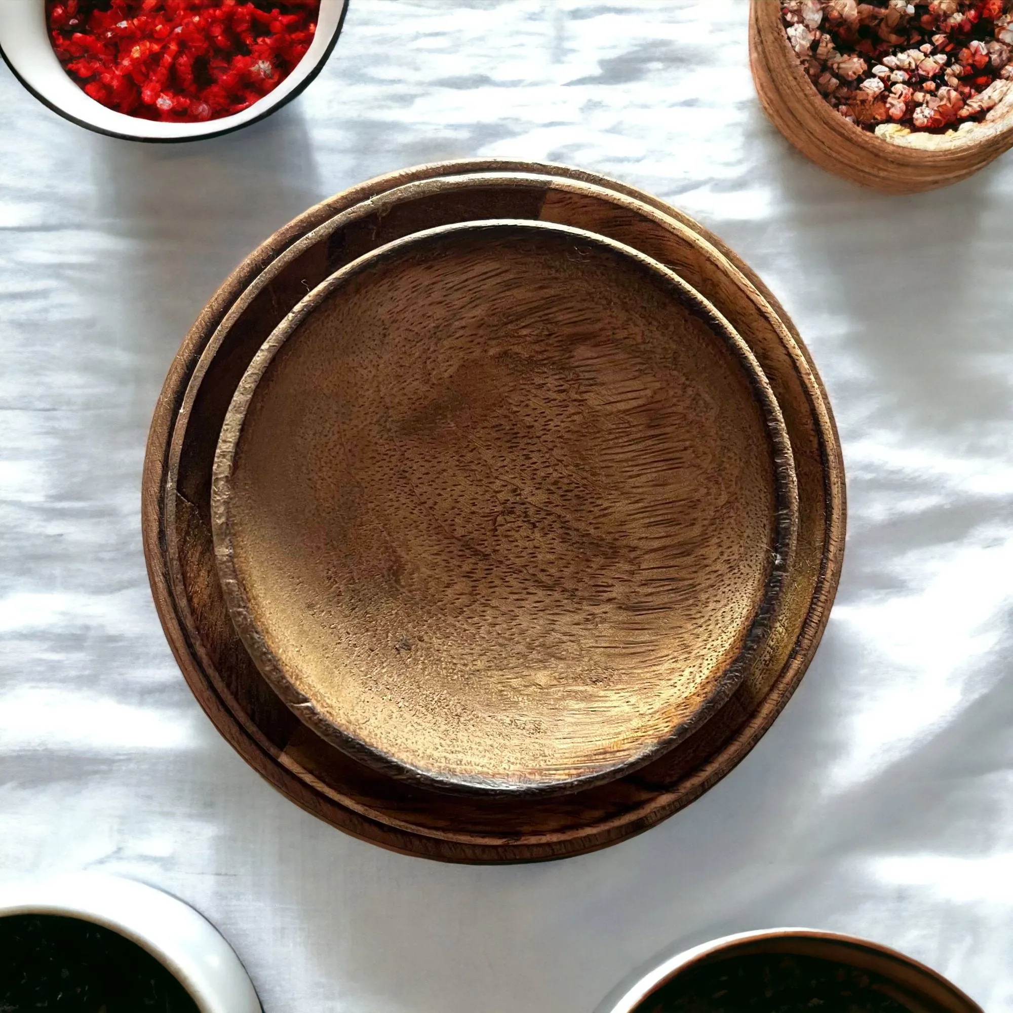 Set of 3 100% Mango Wood Round Brown Decorative Bowls