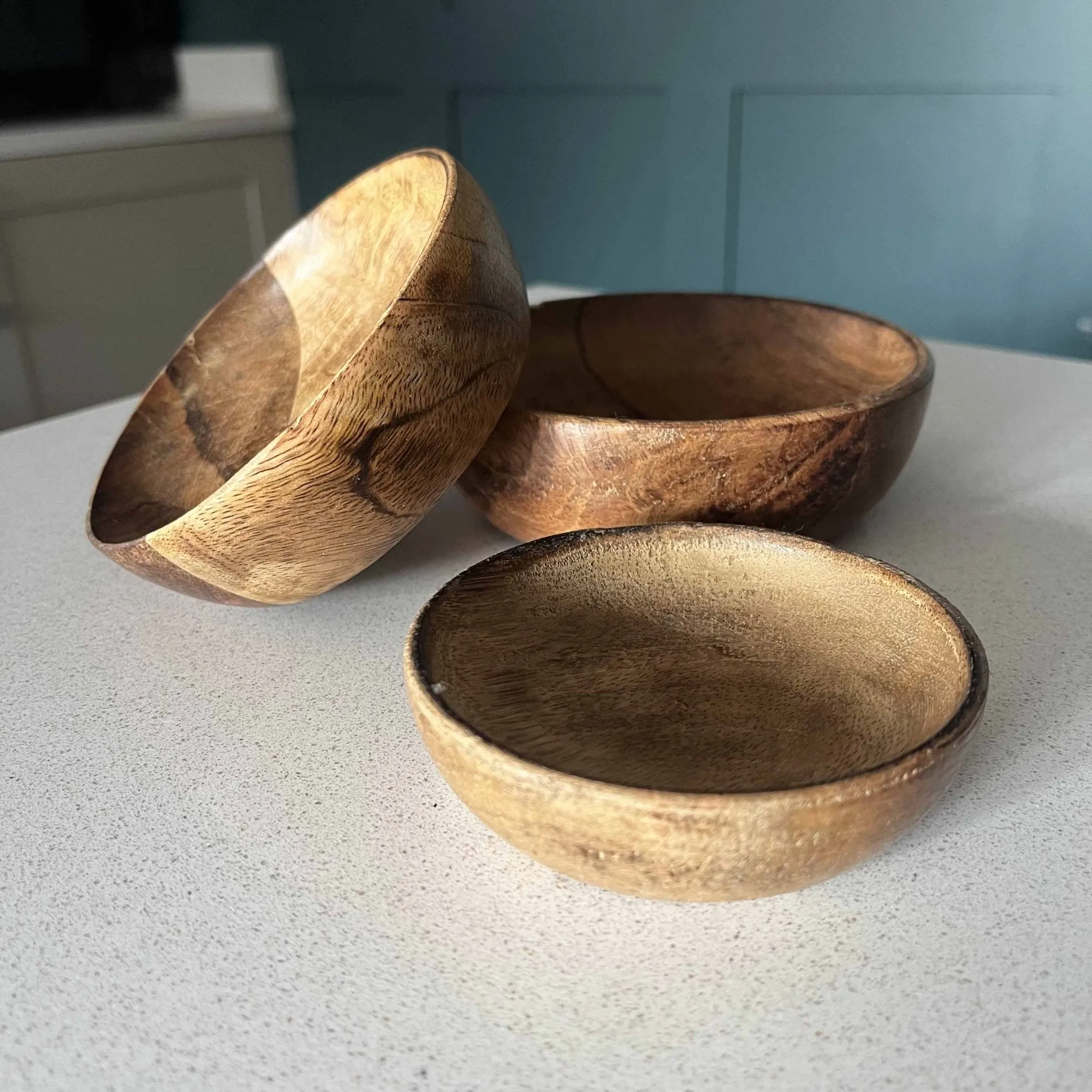 Set of 3 100% Mango Wood Round Brown Decorative Bowls