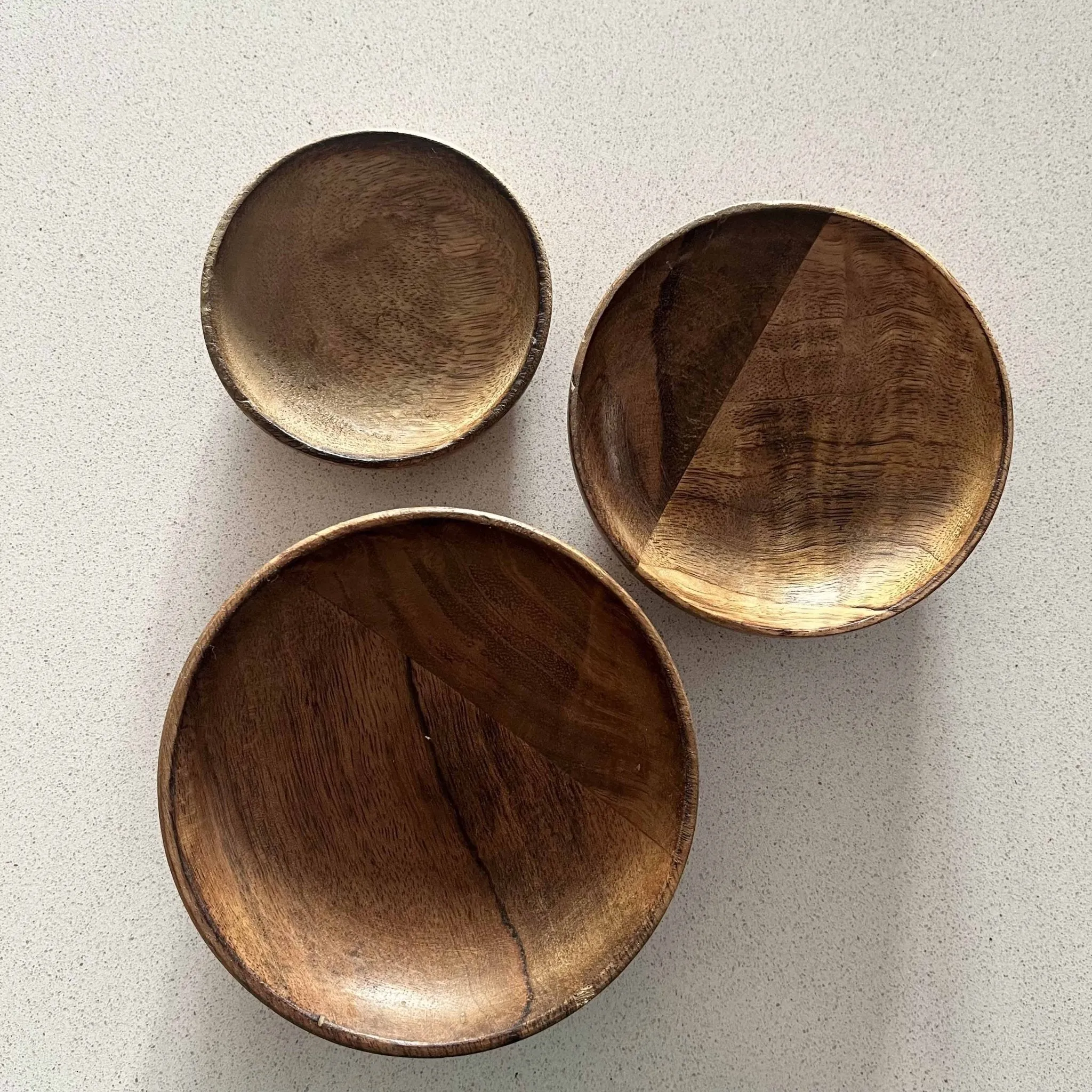 Set of 3 100% Mango Wood Round Brown Decorative Bowls