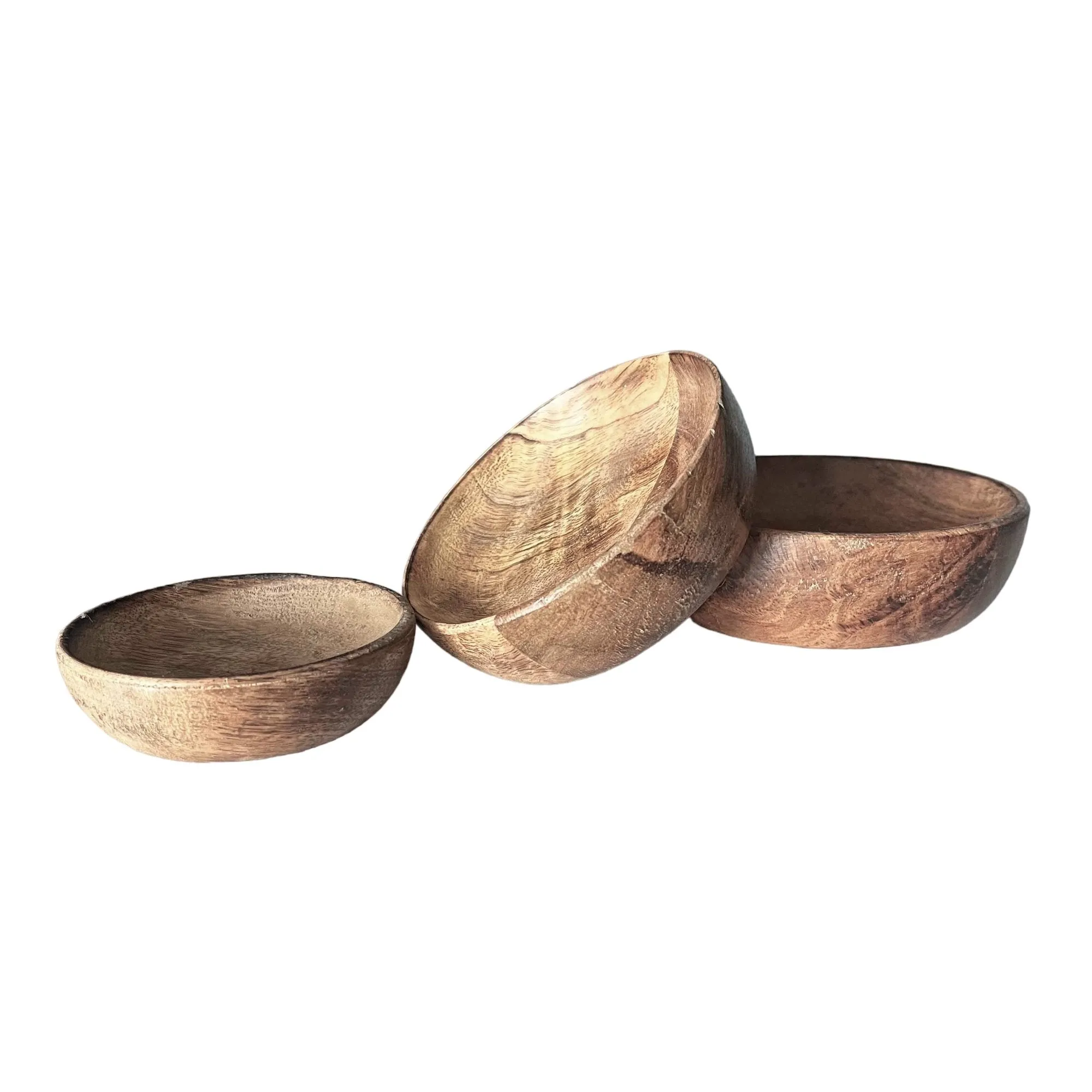 Set of 3 100% Mango Wood Round Brown Decorative Bowls
