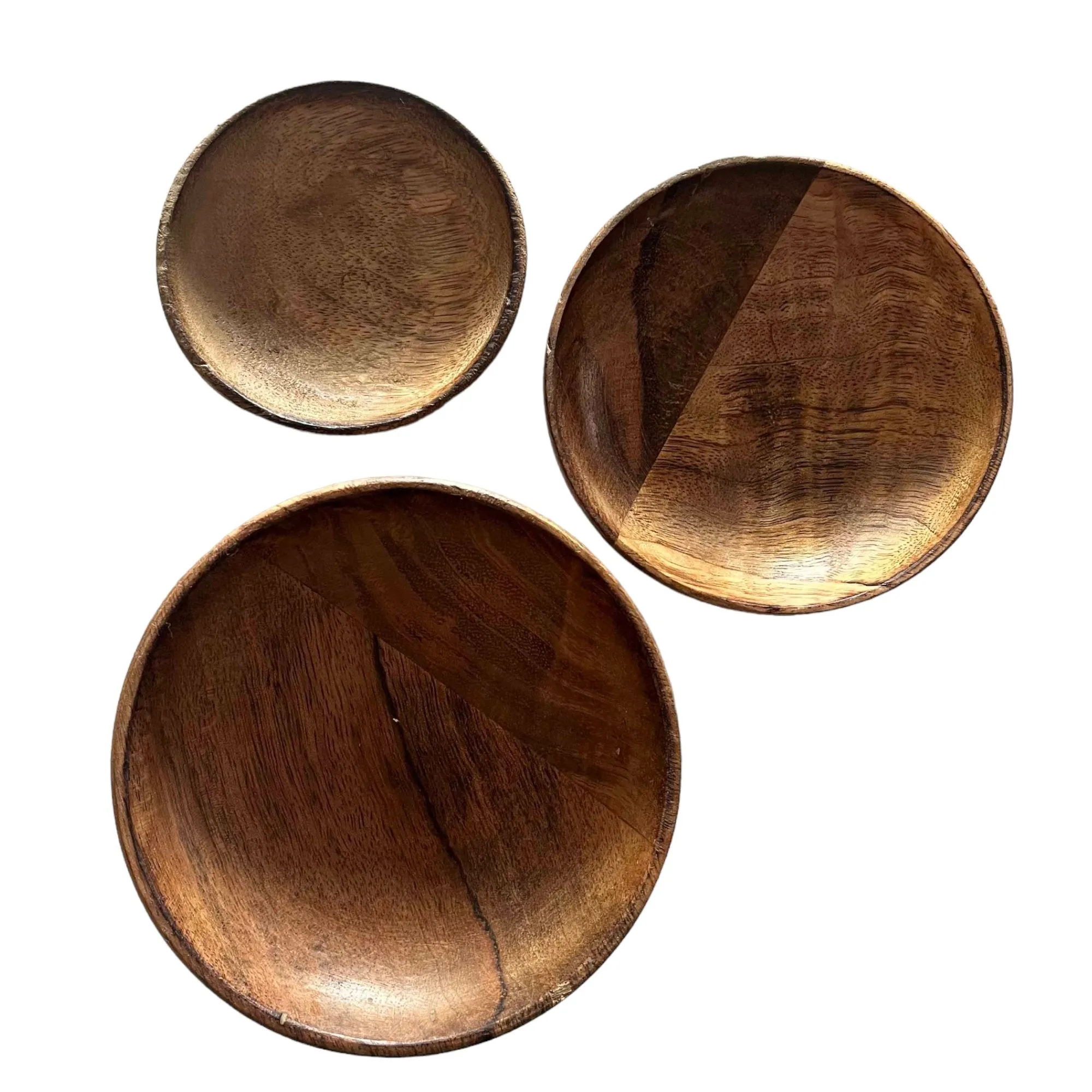Set of 3 100% Mango Wood Round Brown Decorative Bowls