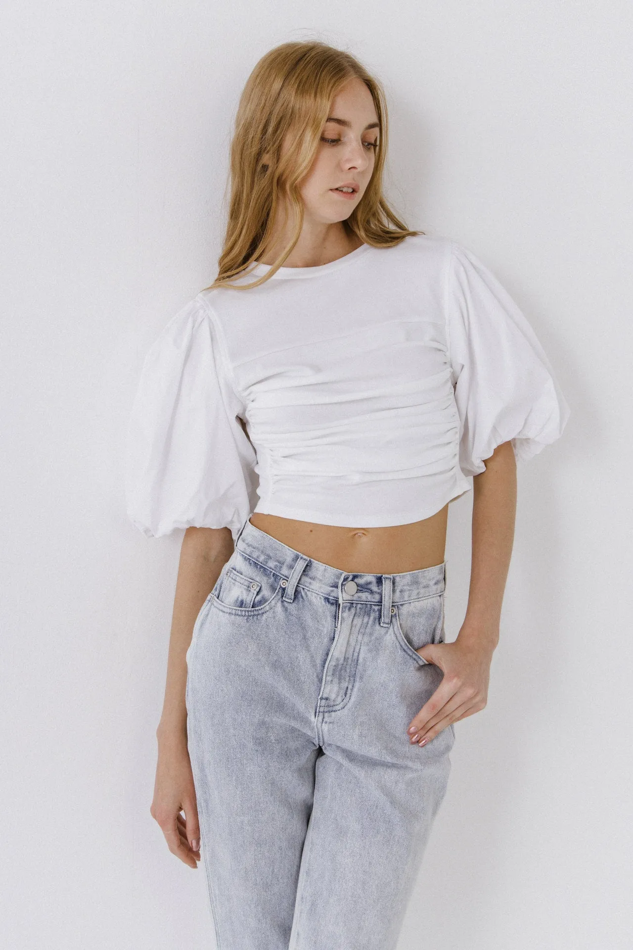 Shirred Knit Mixed Media Puff Sleeve Top