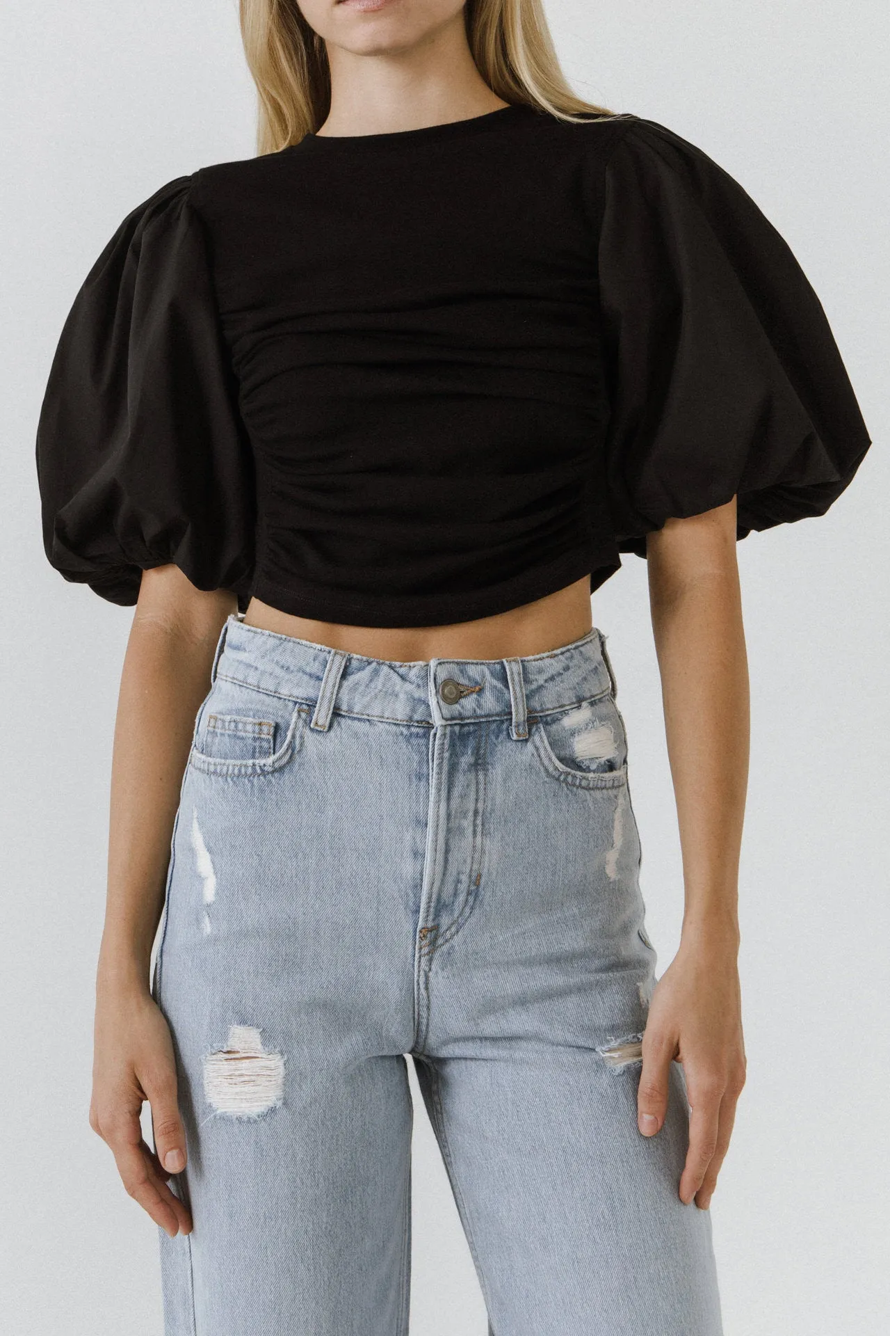 Shirred Knit Mixed Media Puff Sleeve Top