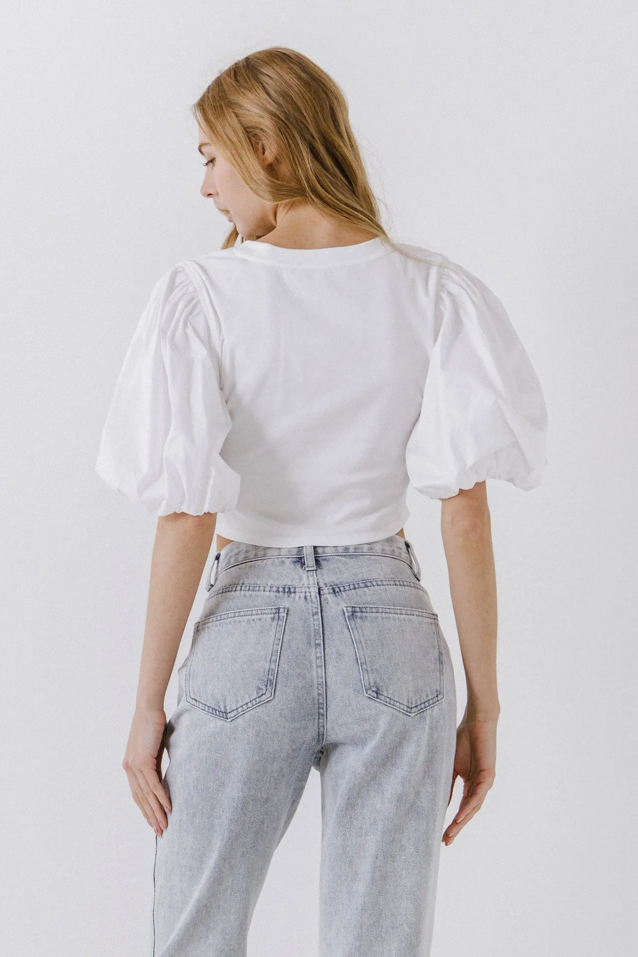 Shirred Knit Mixed Media Puff Sleeve Top