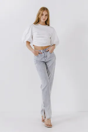 Shirred Knit Mixed Media Puff Sleeve Top