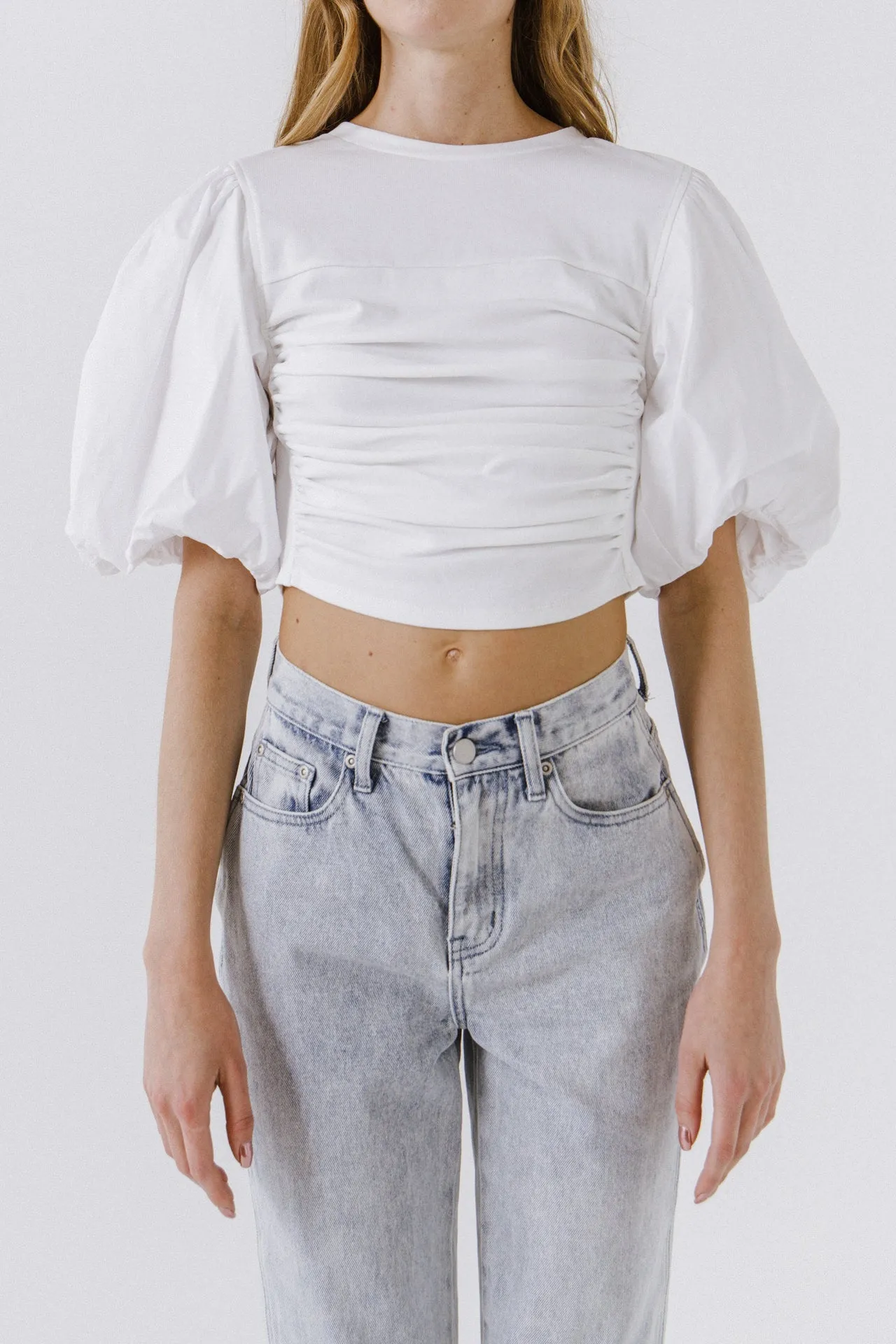 Shirred Knit Mixed Media Puff Sleeve Top