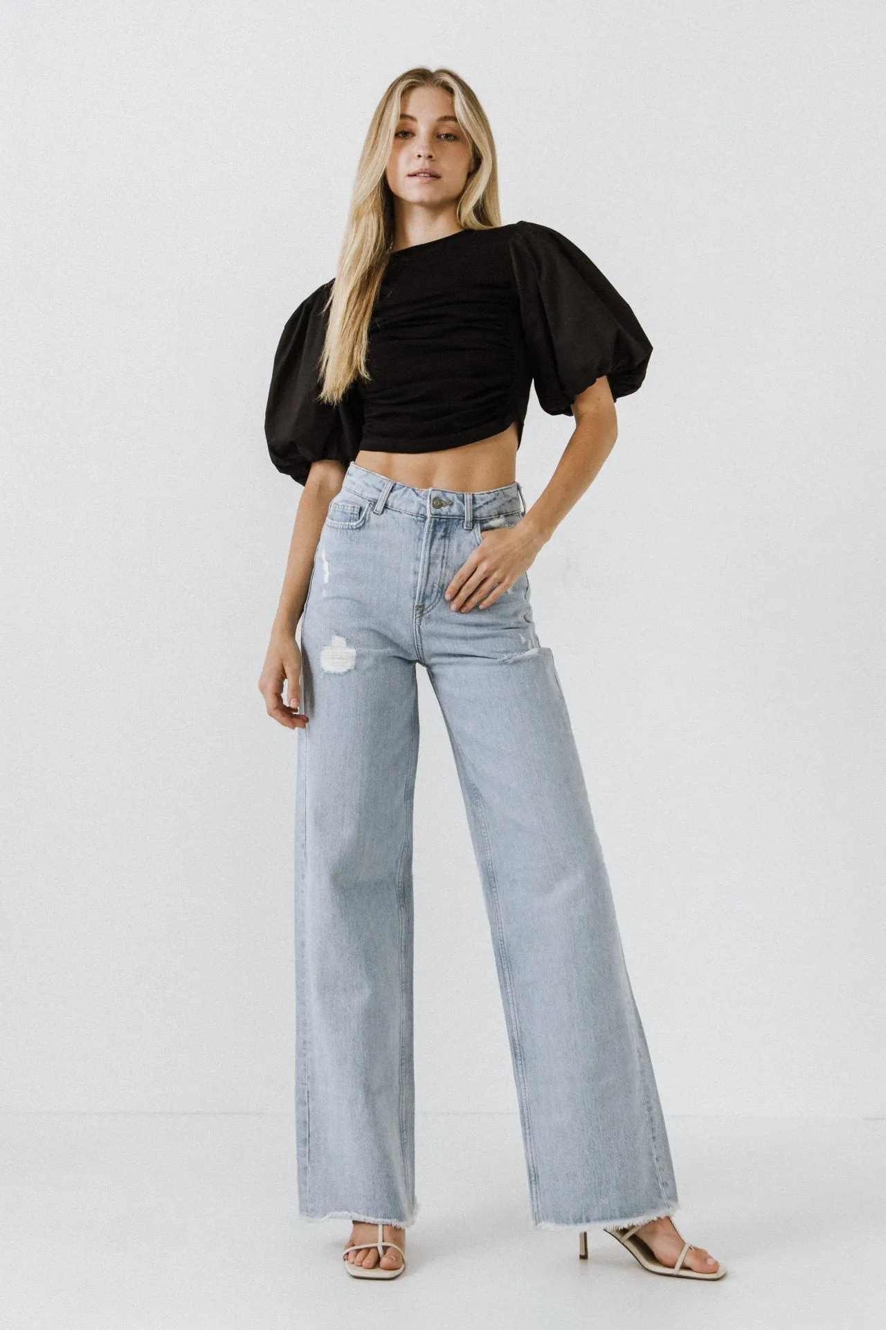 Shirred Knit Mixed Media Puff Sleeve Top