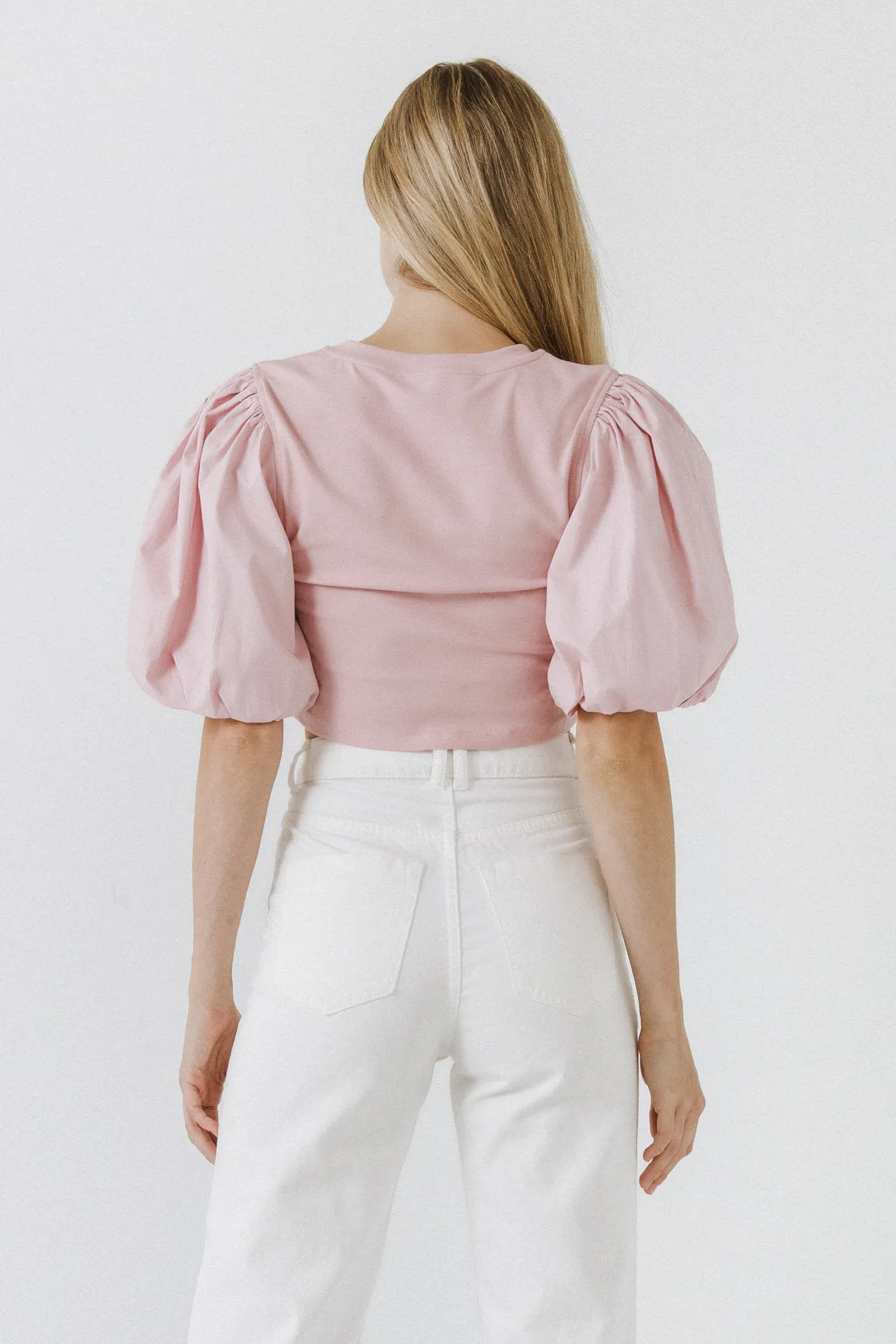 Shirred Knit Mixed Media Puff Sleeve Top