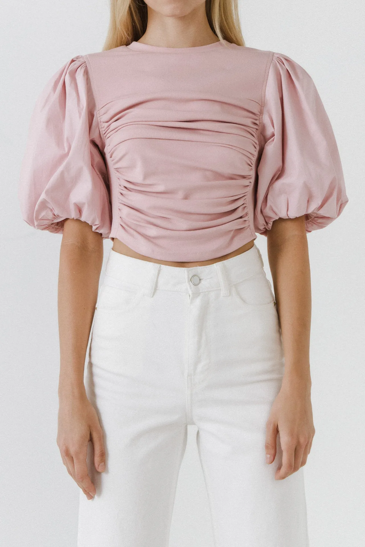 Shirred Knit Mixed Media Puff Sleeve Top