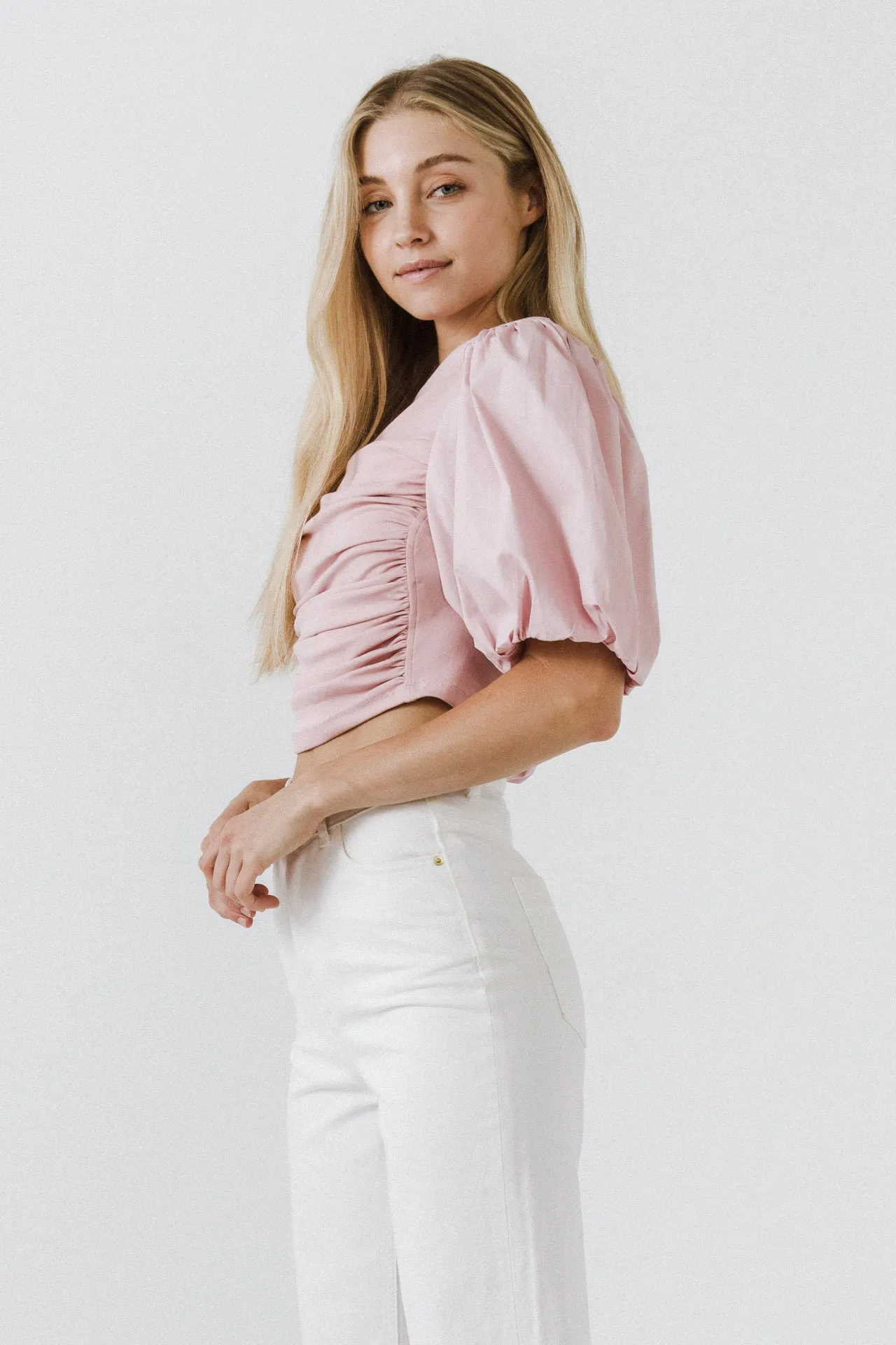 Shirred Knit Mixed Media Puff Sleeve Top