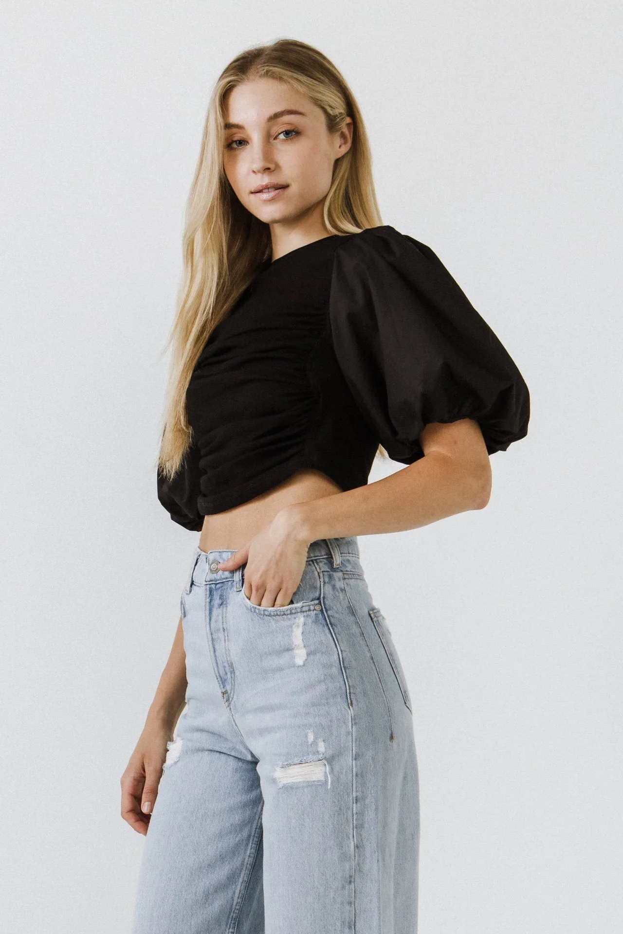 Shirred Knit Mixed Media Puff Sleeve Top