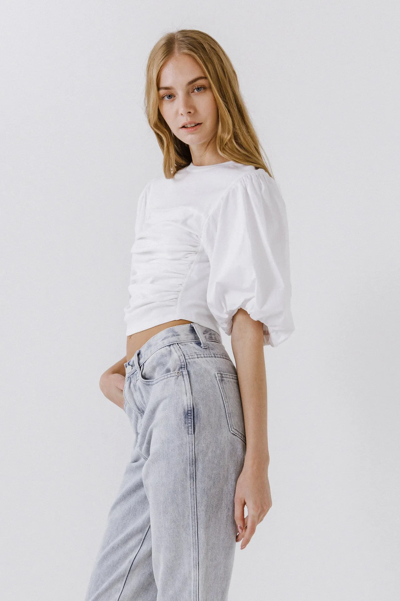 Shirred Knit Mixed Media Puff Sleeve Top