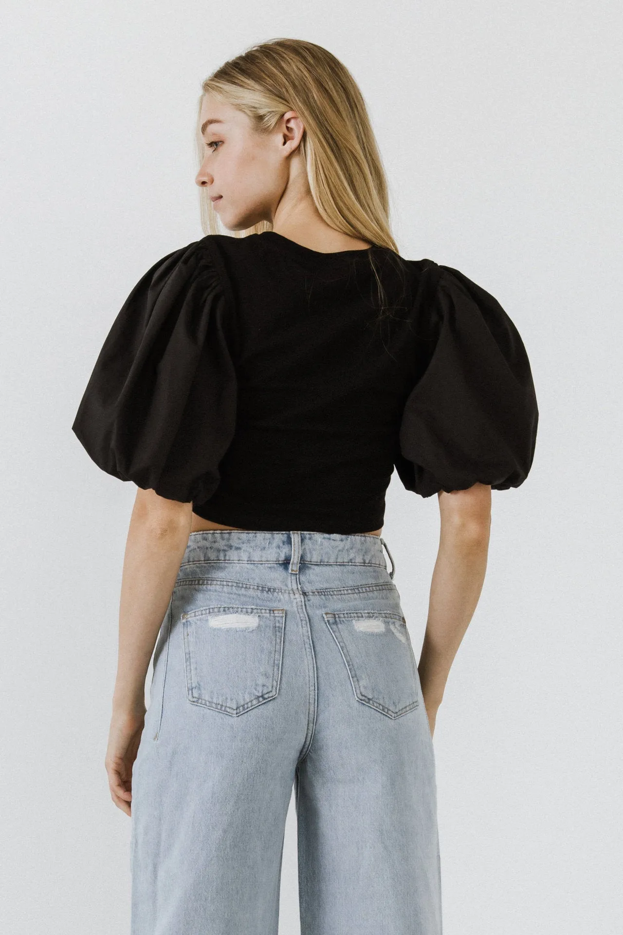Shirred Knit Mixed Media Puff Sleeve Top