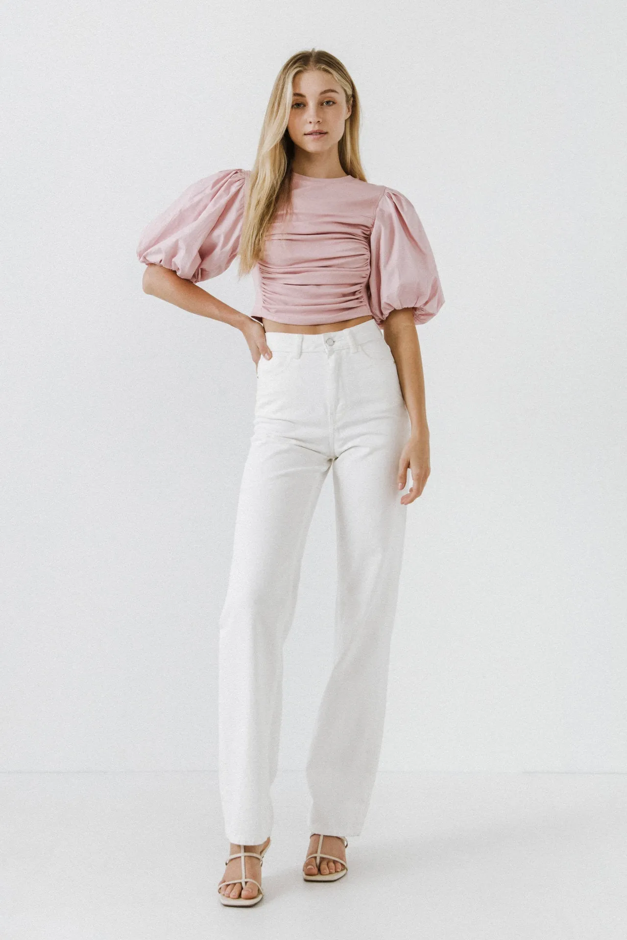 Shirred Knit Mixed Media Puff Sleeve Top