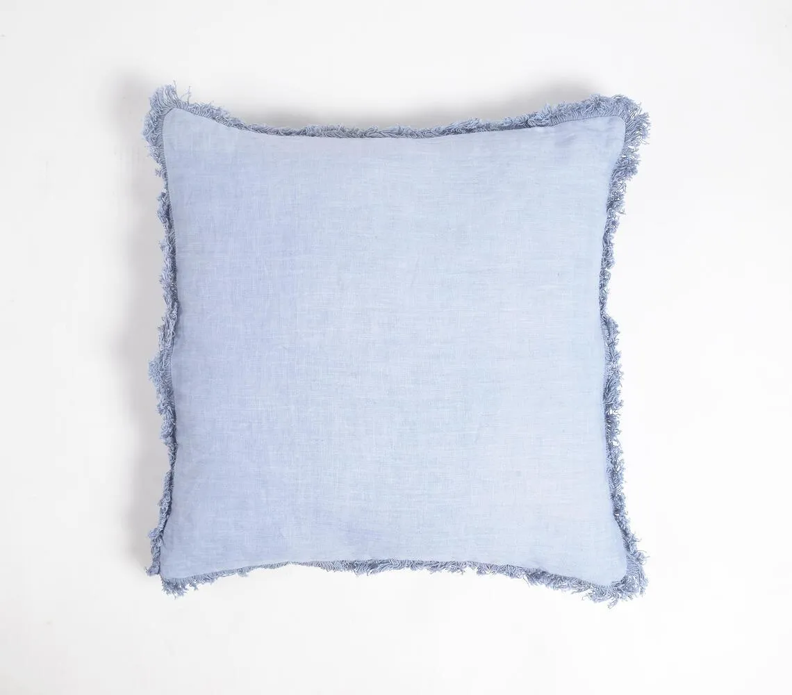Solid Cotton Linen Powder Blue Cushion Cover Frayed Edges