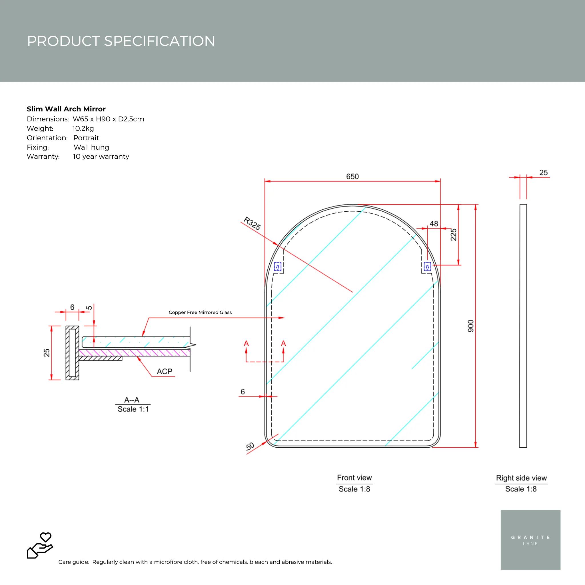 Studio Slim Wall Arch Mirror, Black