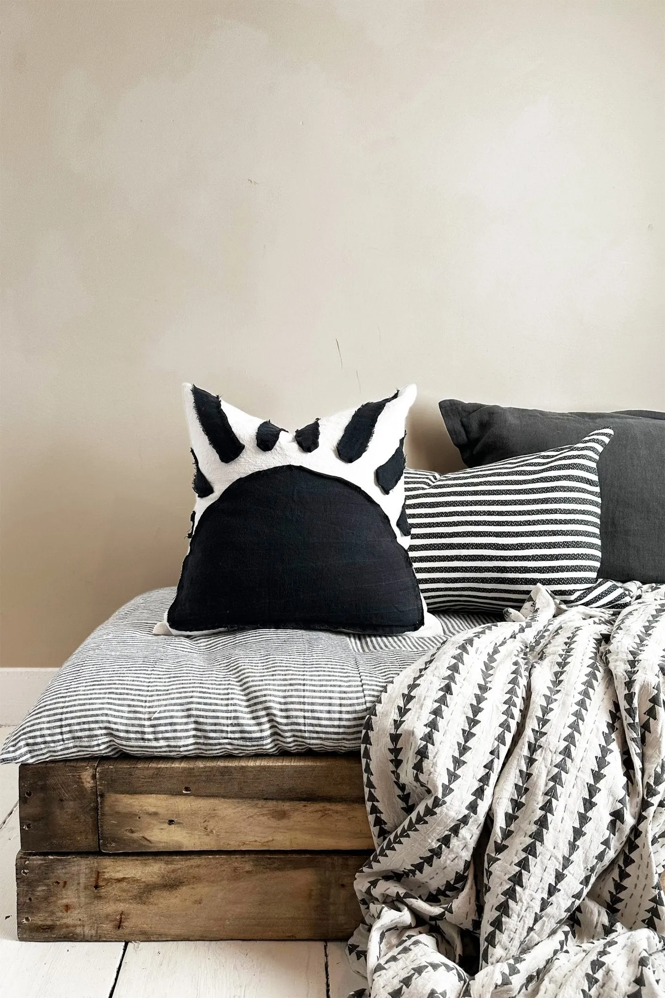 Sunset Black and White Cushion With Linen Abstract Sun Pattern