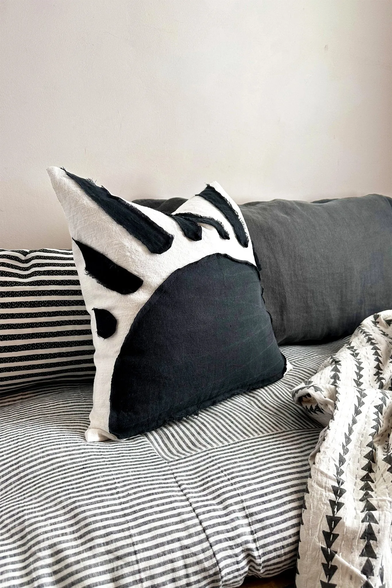 Sunset Black and White Cushion With Linen Abstract Sun Pattern