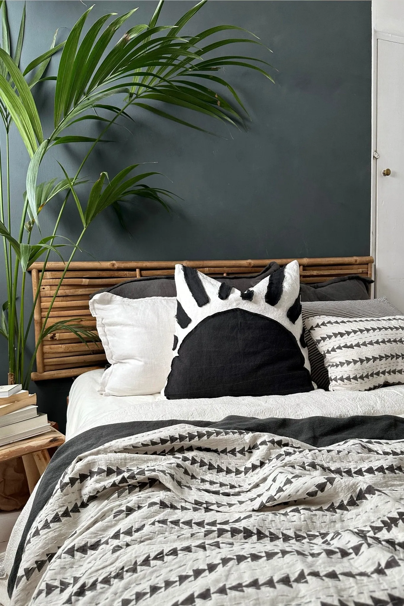 Sunset Black and White Cushion With Linen Abstract Sun Pattern