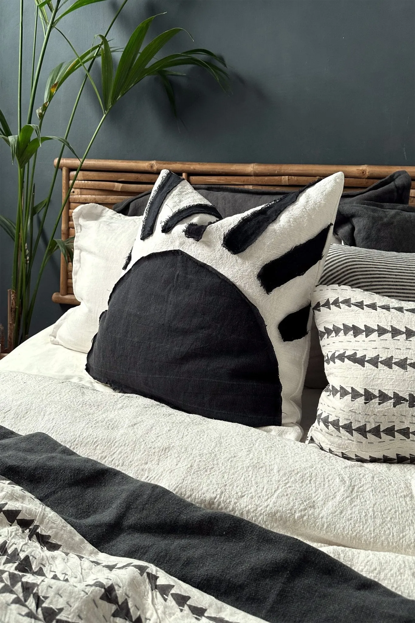 Sunset Black and White Cushion With Linen Abstract Sun Pattern