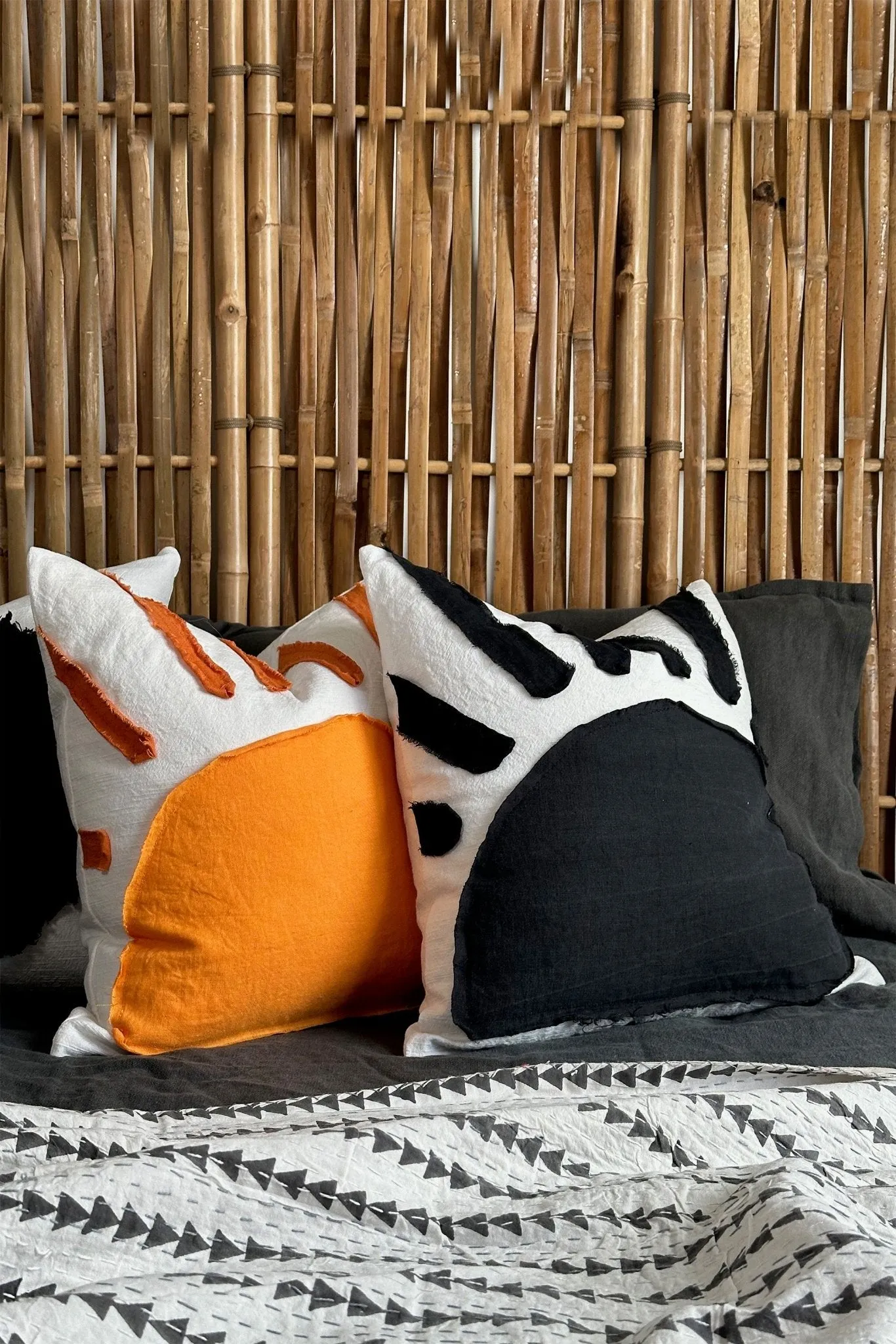 Sunset Black and White Cushion With Linen Abstract Sun Pattern