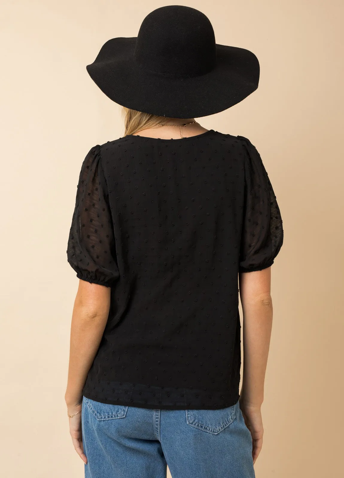 Swiss Dot Puff Sleeve Black Top
