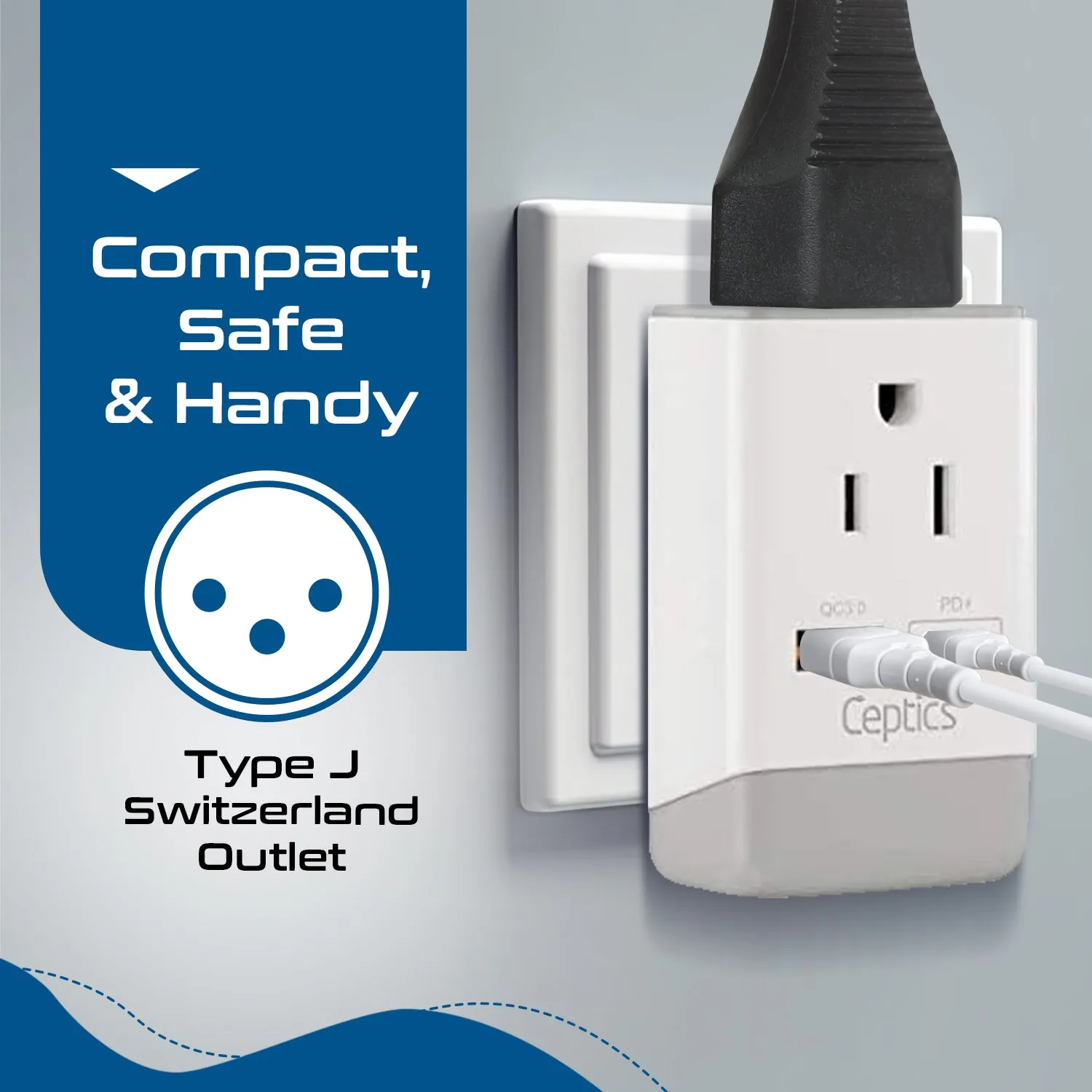 Switzerland Travel Adapter | Type J - USB-A & USB-C Ports   2 USA Outlet (AP-11A)