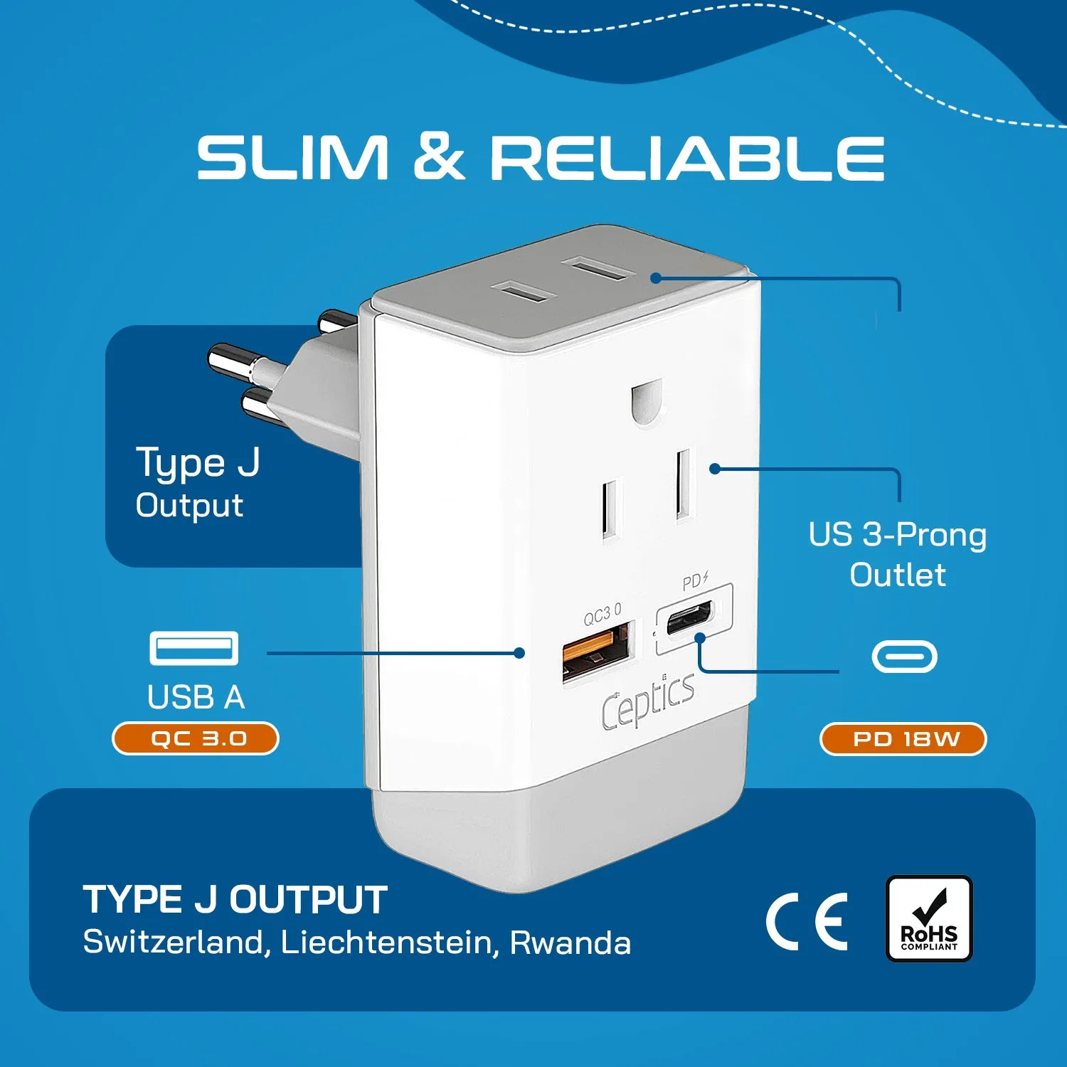 Switzerland Travel Adapter | Type J - USB-A & USB-C Ports   2 USA Outlet (AP-11A)