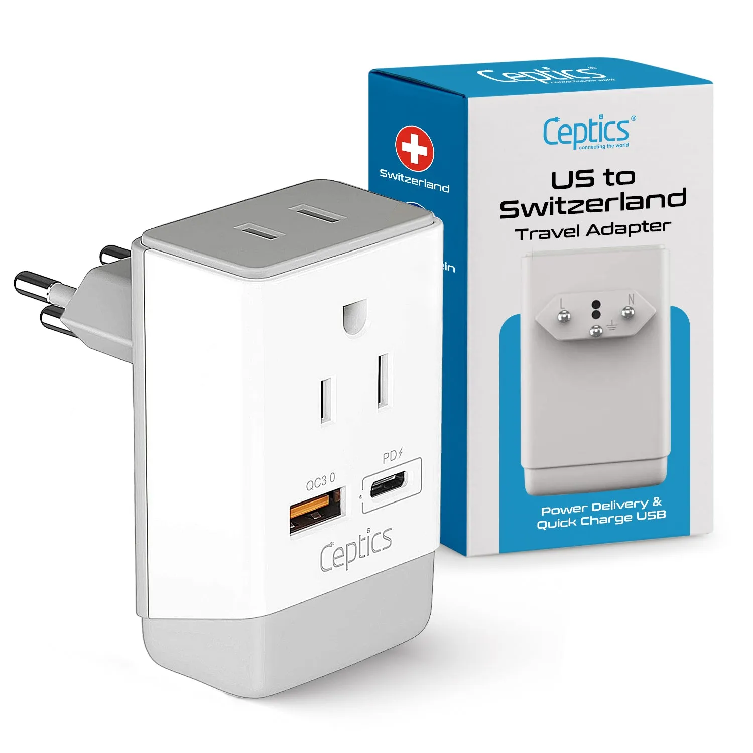 Switzerland Travel Adapter | Type J - USB-A & USB-C Ports   2 USA Outlet (AP-11A)
