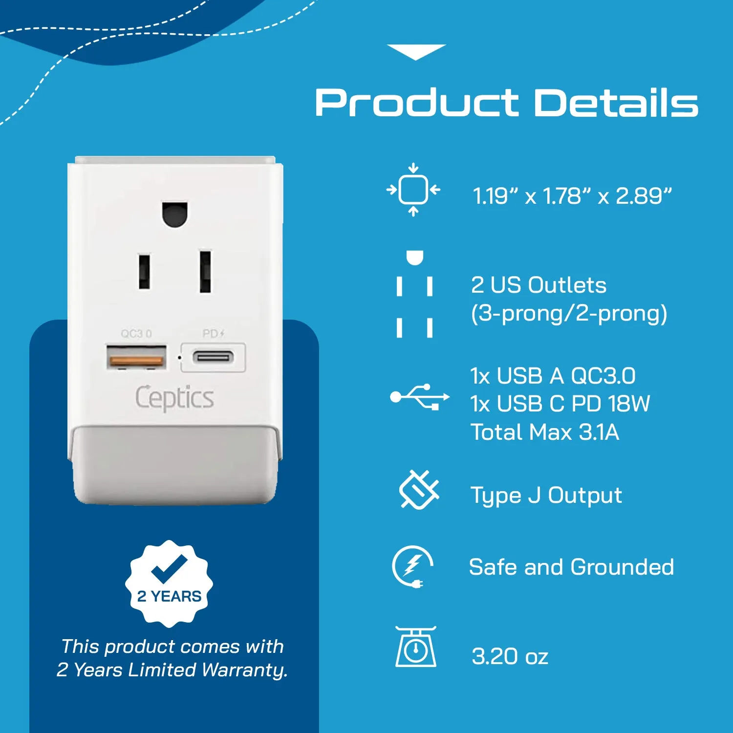 Switzerland Travel Adapter | Type J - USB-A & USB-C Ports   2 USA Outlet (AP-11A)