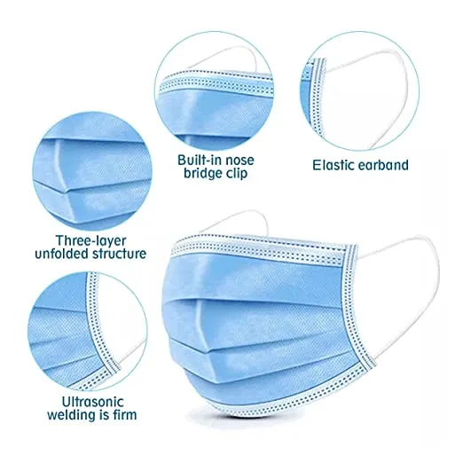 Themisto 50 PCs 3 Ply Protective Surgical Face Mask, Certified, Melt Blown - SMMS Layer Fabric, BFE >99% & PFE >99% | Disposable, Anti-Microbial, Reusable Masks with Adjustable Nose Pin