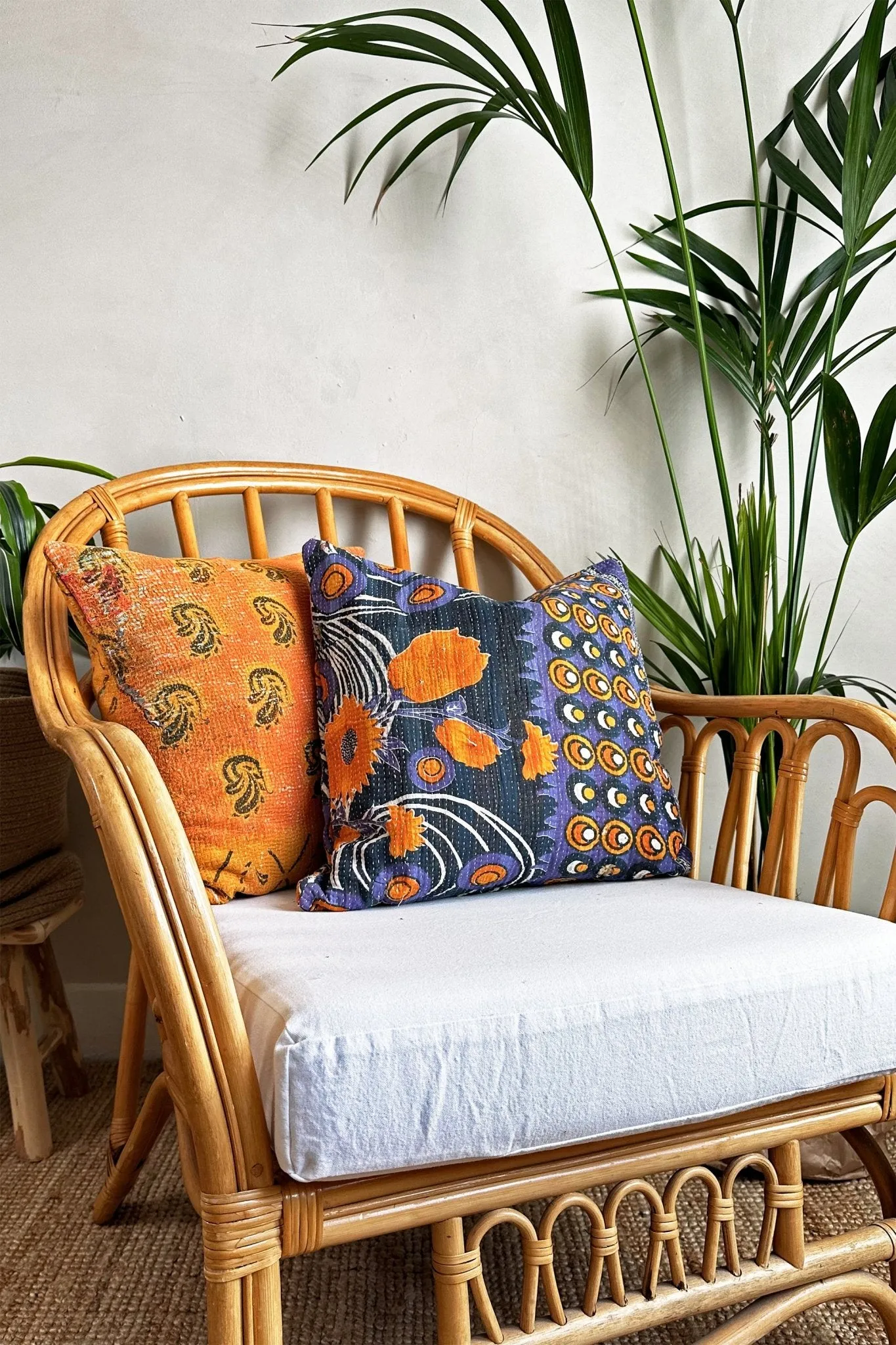 Vintage Kantha Cushion In Blue, Purple and Orange 50cm Square