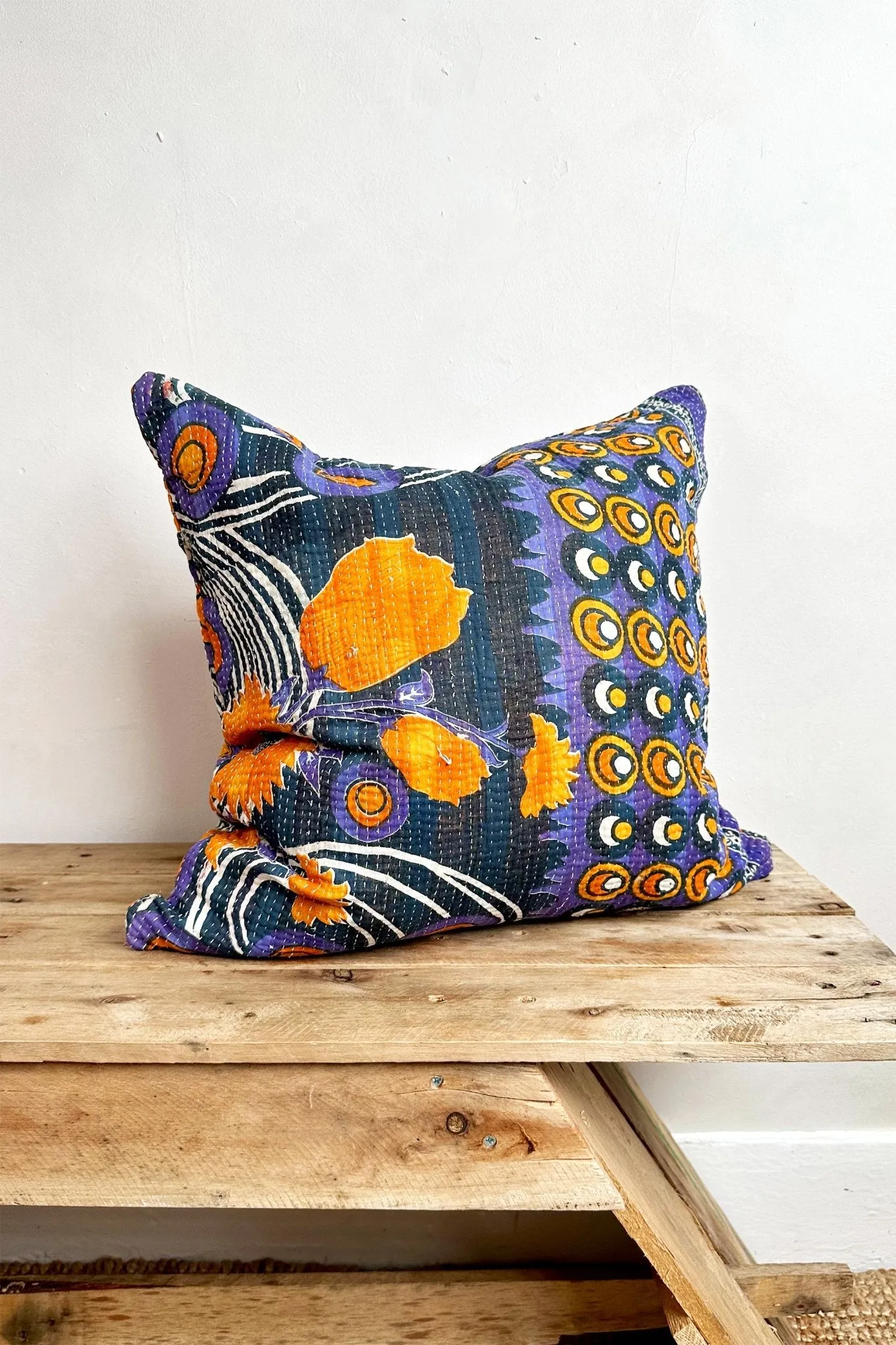 Vintage Kantha Cushion In Blue, Purple and Orange 50cm Square