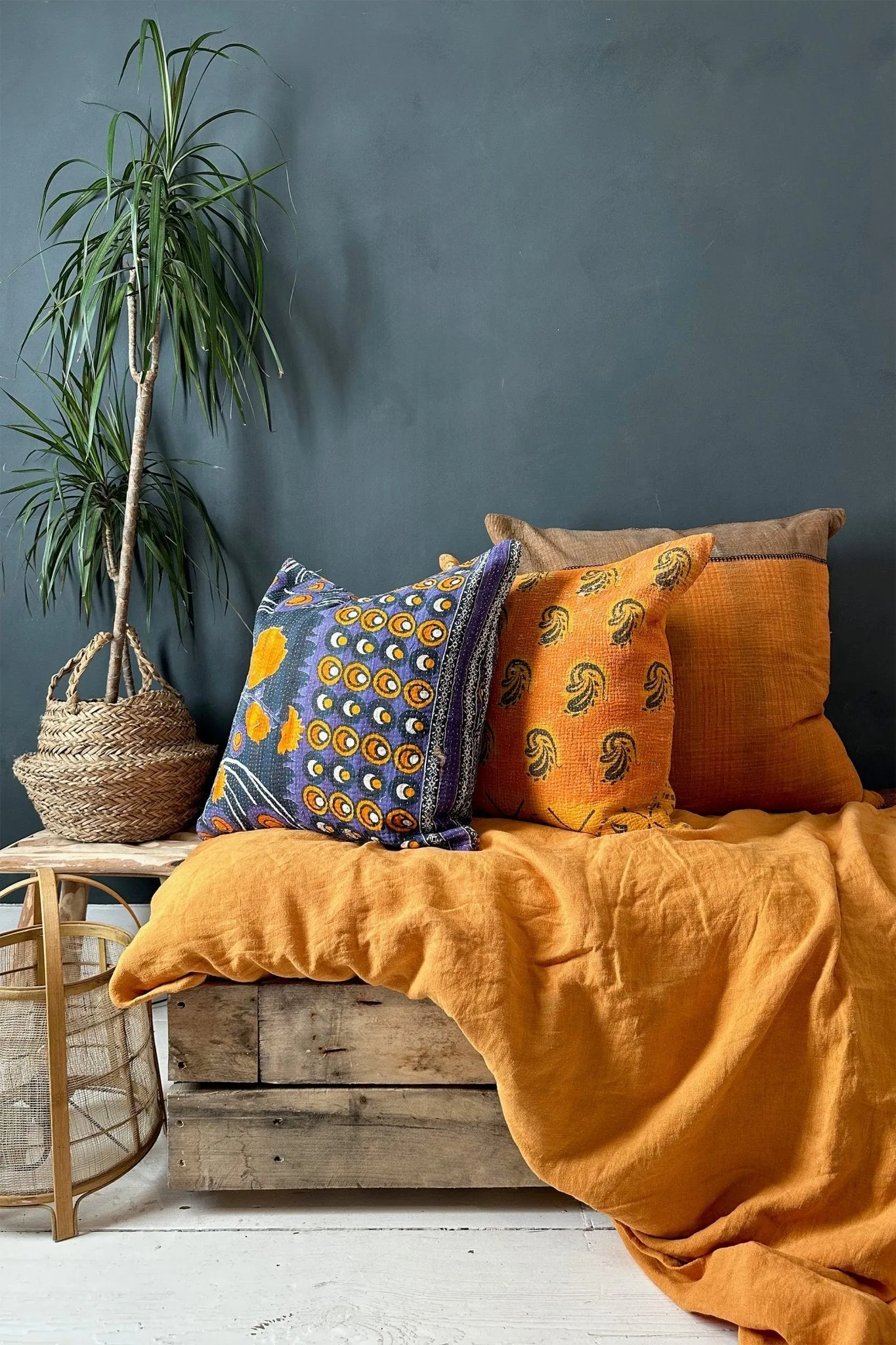 Vintage Kantha Cushion In Blue, Purple and Orange 50cm Square