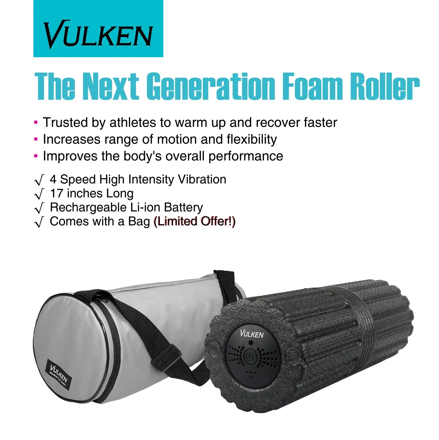 VulkRoll Vibrating Foam Roller 17” Electric Foam Rolling Massager
