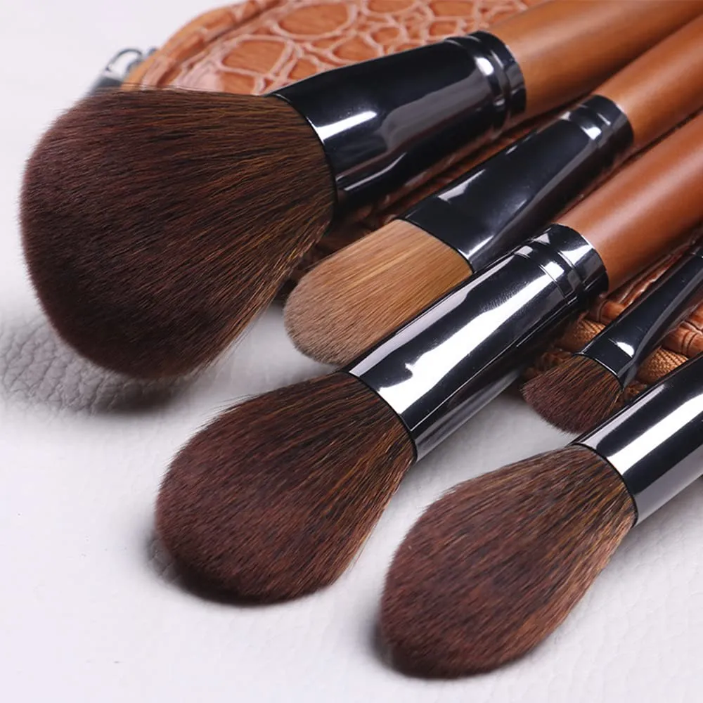 Wooden Handle 9 Makeup Brushes Set Soft Hair Loose Powder Blush Brush Full Set of Beauty Tools Novice Makeup Brush Repairing Brush Fiber Hair Soft Skin-Friendly Brown Bright Two Colors (Brown 9 Brush
