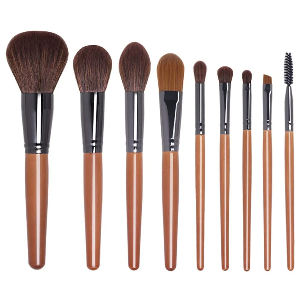 Wooden Handle 9 Makeup Brushes Set Soft Hair Loose Powder Blush Brush Full Set of Beauty Tools Novice Makeup Brush Repairing Brush Fiber Hair Soft Skin-Friendly Brown Bright Two Colors (Brown 9 Brush