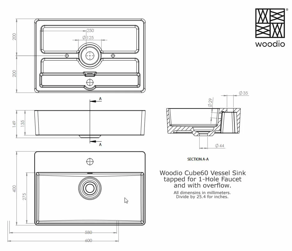 Woodio Cube60 Above-Mount Bathroom Sink for 1-Hole Faucet - 10 Colors